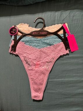 Betsey Johnson Lace Thong 4-Pack in Pink, Blue, Cream and Purple